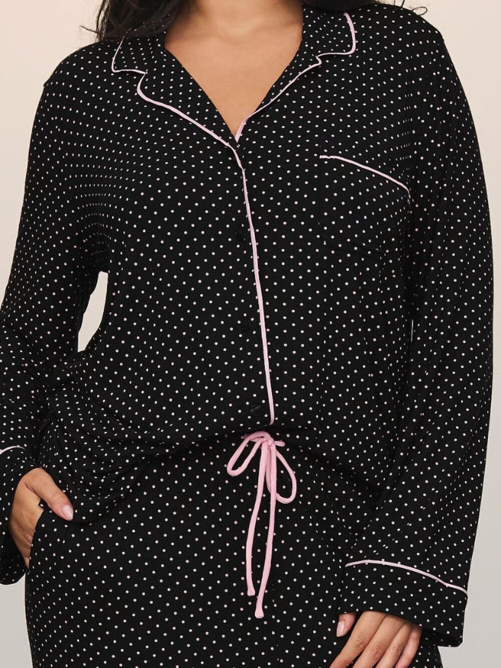 Victoria's Secret Modal Long Pajama Set in Black + Pink Polka Dots, Medium (Reg)
